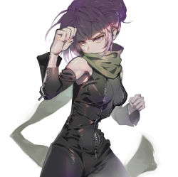 Rule 34 | 1girl, alternate hair color, black bodysuit, bodysuit, breasts, clenched hands, commentary request, detached sleeves, fighting stance, green scarf, hair up, highres, kemurikusa, purple eyes, purple hair, rin (kemurikusa), scarf, solo, standing, tanakalma, v-shaped eyebrows, zipper pull tab