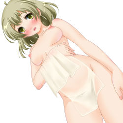 Rule 34 | 1girl, blush, breasts, brown hair, cowboy shot, green eyes, himadarou, looking at viewer, nipples, nude, open mouth, original, puffy nipples, short hair, simple background, small breasts, solo, towel, white background