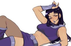 Rule 34 | 1girl, arm up, bare shoulders, blackfire, blush, boots, bridal gauntlets, dc comics, hand on ground, highres, long hair, lying, midriff, miniskirt, on back, parted lips, porqueloin, purple bridal gauntlets, purple eyes, purple hair, purple lips, purple nails, purple skirt, purple sports bra, simple background, skirt, solo, sports bra, straight hair, teardrop, tearing up, teen titans, thigh boots, white background