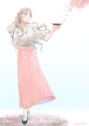 Rule 34 | 1girl, alternate costume, blonde hair, blouse, blue eyes, cherry blossoms, cup, full body, hair between eyes, kantai collection, long hair, long skirt, looking to the side, parted lips, petals, pink skirt, pleated skirt, richelieu (kancolle), sakazuki, saucer, shirt, simple background, skirt, smile, solo, standing, tsukimura (d24f4z8j3t), white background, white shirt