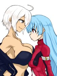 Rule 34 | 2girls, :p, ahoge, angel (kof), annoyed, asymmetrical docking, bare shoulders, blue hair, bodysuit, bra, breast press, breasts, cleavage, closed mouth, collarbone, eye contact, eyes visible through hair, female focus, from side, grey eyes, highres, jacket, kula diamond, large breasts, long hair, looking at another, medium breasts, midriff, multiple girls, neck, off shoulder, red eyes, short hair, simple background, smirk, strapless, strapless bra, the king of fighters, tongue, tongue out, underwear, upper body, white background, white hair, yuri