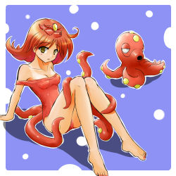 Rule 34 | 1990s (style), 1girl, arm support, bare shoulders, barefoot, blue background, bubble, casual one-piece swimsuit, clothes pull, costume, creatures (company), framed, game freak, gen 2 pokemon, knees together feet apart, knees up, leaning back, lowres, moemon, nail polish, nintendo, octillery, one-piece swimsuit, one-piece swimsuit pull, one-piece tan, outside border, personification, pokemon, pokemon (creature), pokemon gsc, red hair, red nails, red one-piece swimsuit, retro artstyle, simple background, sitting, strap slip, swimsuit, tan, tanline, tenjou ryuka, tentacles