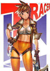 Rule 34 | 1girl, bodysuit, bomber jacket, breasts, breasts apart, brown eyes, brown gloves, brown hair, brown jacket, character name, chest harness, clothes writing, collarbone, cowboy shot, crop top, cross-laced clothes, cross-laced legwear, fur trim, gloves, gluteal fold, goggles, hand on own hip, harness, highres, holding, jacket, leather, leather jacket, legs apart, matching hair/eyes, medium breasts, midriff, navel, open clothes, open jacket, overwatch, overwatch 1, pants, parted lips, short hair, short sleeves, sleeves rolled up, solo, spiked hair, strap, sweat, swept bangs, tanukimaso, teeth, thigh strap, tracer (overwatch), unworn goggles, yellow legwear, yellow pants, yoga pants, zipper