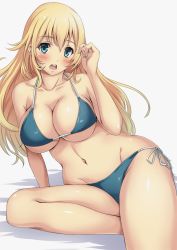 Rule 34 | 10s, 1girl, alternate costume, arm support, atago (kancolle), bare shoulders, bikini, blonde hair, blue bikini, blue eyes, blush, breasts, cleavage, collarbone, female focus, green eyes, groin, kantai collection, large breasts, long hair, looking at viewer, navel, open mouth, sakiyamama, side-tie bikini bottom, simple background, sitting, solo, swimsuit, white background