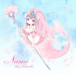Rule 34 | 1girl, alternate color, blue eyes, blush, bow, breasts, character name, cleavage, flower, jewelry, koi nami, konatsu miyu, lace, league of legends, long hair, looking at viewer, mermaid, monster girl, nami (league of legends), navel, necklace, petals, pink hair, smile, solo, staff