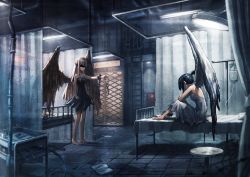 Rule 34 | 2girls, bands, bare shoulders, barefoot, bed, blindfold, cuffs, dress, feathered wings, hospital, hospital bed, intravenous drip, key, long hair, multiple girls, original, ponytail, shackles, sitting, standing, toi (number8), wings