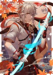Rule 34 | 1boy, armor, artist name, autumn leaves, bandaged arm, bandaged hand, bandages, belt, border, cowboy shot, crossed bangs, falling leaves, genshin impact, hair between eyes, highres, holding, holding sword, holding weapon, japanese armor, japanese clothes, kaedehara kazuha, katana, laovaan, leaf, long hair, looking at viewer, low ponytail, male focus, multicolored hair, parted lips, red eyes, red hair, short sleeves, solo, streaked hair, sword, weapon, white hair