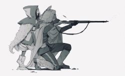 Rule 34 | 1boy, 1girl, aiming, ainu, ainu clothes, arisaka, asirpa, bandana, belt, black hair, bolt action, boots, buttons, cape, commentary, from side, full body, fur cape, gaiters, gloves, golden kamuy, greyscale, gun, hair strand, hand on another&#039;s head, hat, highres, holding, holding gun, holding weapon, hood, hood down, hood up, hooded cape, imperial japanese army, jacket, long hair, long sleeves, looking away, military, military uniform, monochrome, ogata hyakunosuke, on one knee, open mouth, pants, plushyshy, pouch, reloading, rifle, rock, short hair, simple background, sitting, smile, standing, uniform, weapon, white background, white cape, white footwear