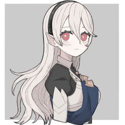 Rule 34 | 1girl, absurdres, black hairband, blue sash, corrin (female) (fire emblem), corrin (fire emblem), fire emblem, fire emblem fates, hair between eyes, hairband, highres, jacomodayo, long hair, looking at viewer, nintendo, pointy ears, red eyes, sash, solo, white hair
