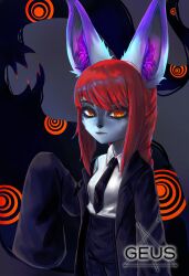 Rule 34 | 1girl, absurdres, animal ear fluff, artist name, black background, black jacket, black necktie, black pants, chainsaw man, closed mouth, collared shirt, cosplay, geus (just geus), grey background, hand up, highres, jacket, league of legends, long hair, makima (chainsaw man), makima (chainsaw man) (cosplay), necktie, off shoulder, orange eyes, pants, photoshop (medium), pointy ears, red background, red hair, shirt, solo, very long sleeves, vex (league of legends), white shirt, yordle