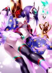 Rule 34 | 1girl, ass, bare shoulders, barefoot sandals (jewelry), black legwear, blush, breasts, chinese clothes, club, club (weapon), detached sleeves, dudou, eyeliner, fangs, fate/grand order, fate (series), forehead jewel, fundoshi, headpiece, heart, hip focus, horns, japanese clothes, legs, looking at viewer, low twintails, makeup, obi, oni, open mouth, pointy ears, purple eyes, purple hair, rope, sash, short eyebrows, short hair, short twintails, shuten douji (fate), shuten douji (fate/grand order), shuten douji (halloween caster) (fate), skin-covered horns, small breasts, smile, solo, spiked club, star (symbol), star print, stirrup legwear, thighs, toeless legwear, twintails, weapon, zen