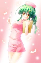 Rule 34 | 1girl, alternate costume, alternate hairstyle, breasts, clipboard, commentary request, cowboy shot, digital thermometer, dress, feathers, frog hair ornament, green hair, hair ornament, hat, highres, kochiya sanae, large breasts, long hair, looking at viewer, nurse, nurse cap, open mouth, osashin (osada), pink dress, ponytail, smile, snake hair ornament, solo, thermometer, thighs, touhou, uniform, yellow eyes