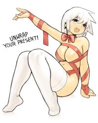 Rule 34 | 1girl, commentary, ear piercing, english commentary, english text, fang, highres, knees together feet apart, knees up, legs, navel, no shoes, open mouth, original, piercing, red ribbon, ribbon, sitting, solo, thick eyebrows, thighhighs, white hair, white thighhighs, yirtios