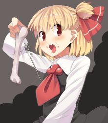 Rule 34 | 1girl, alternate hairstyle, bad id, bad pixiv id, blonde hair, blush, bone, eating, embodiment of scarlet devil, female focus, hair ribbon, necktie, open mouth, red eyes, red necktie, ribbon, rumia, saliva, short hair, side ponytail, sil, simple background, solo, supershiruco, tongue, touhou