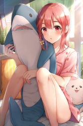 Rule 34 | 1girl, absurdres, blush, bow, braid, commentary request, curtains, feet out of frame, food print, hair between eyes, hair bow, highres, ikea shark, indoors, kanojo okarishimasu, knees up, long hair, looking at viewer, pajamas, parted lips, pink shirt, print shirt, red eyes, red hair, sakurasawa sumi, shirt, short sleeves, side braid, single braid, sitting, solo, strawberry print, stuffed animal, stuffed shark, stuffed toy, thighs, window, yellow bow, yukiunag1