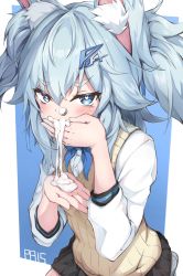 Rule 34 | 1girl, animal ear fluff, animal ears, black skirt, blue background, blue eyes, blue hair, blush, covering own mouth, dress shirt, girls&#039; frontline, hair between eyes, hair ornament, heart, heart-shaped pupils, highres, ky (ky990533), long sleeves, looking at viewer, official alternate costume, pa-15 (girls&#039; frontline), pa-15 (high school thrills) (girls&#039; frontline), pleated skirt, sexually suggestive, shirt, signature, skirt, solo, spoken squiggle, squiggle, suggestive fluid, sweater vest, symbol-shaped pupils, two-tone background, two side up, white background, white shirt