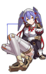 Rule 34 | 1girl, absurdres, android, highres, holding own arm, juliet sleeves, long sleeves, maid, maid headdress, nintendo, orange eyes, poppi (xenoblade), poppi qt (xenoblade), puffy sleeves, purple hair, sitting, smile, solo, spoilers, twintails, xenoblade chronicles (series), xenoblade chronicles 2, zu-m (zumcunix)