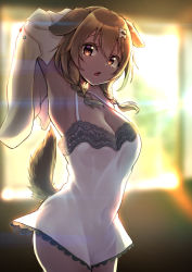 Rule 34 | 1girl, :o, absurdres, animal ears, armpits, arms up, backlighting, blurry, blurry background, bone hair ornament, braid, breasts, brown eyes, brown hair, cleavage, commentary request, covered navel, cowboy shot, depth of field, dog ears, dog girl, dog tail, getsuyou yasumi, hair between eyes, hair ornament, highres, hololive, inugami korone, large breasts, long hair, looking at viewer, open mouth, solo, tail, twin braids, undressing, virtual youtuber