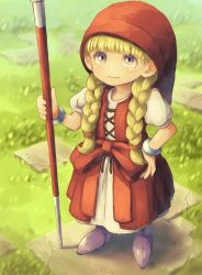 Rule 34 | 1girl, absurdres, blonde hair, boots, bow, braid, child, closed mouth, dragon quest, dragon quest xi, dress, grass, hat, highres, holding, holding staff, long hair, okame nin, puffy short sleeves, puffy sleeves, purple eyes, purple footwear, red bow, red dress, red hat, short sleeves, smile, solo, staff, standing, twin braids, veronica (dq11), white dress, wristband