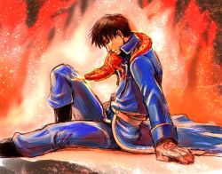 Rule 34 | 1boy, amestris military uniform, animal, animal around neck, arm at side, arm support, backlighting, black eyes, black footwear, black hair, blue jacket, blue pants, blue theme, boots, closed mouth, collared jacket, embers, eyelashes, fire, fire, foot out of frame, from side, fullmetal alchemist, gloves, half-closed eyes, head down, jacket, knee up, limited palette, magic circle, male focus, military, military uniform, on floor, pants, profile, red theme, roy mustang, sad, salamander, shu (tam), sitting, spiked hair, tongue, tongue out, uniform, white gloves