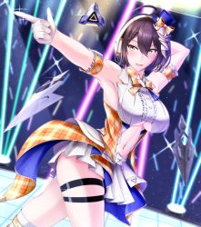 Rule 34 | 1girl, :d, ahoge, arm behind head, arm strap, armpits, azur lane, baltimore (azur lane), baltimore (muse) (azur lane), bare shoulders, blush, boots, bow, braid, breasts, brown hair, buckle, center frills, center opening, clothing cutout, collared shirt, commentary request, cowboy shot, crop top, dutch angle, floating, floating object, french braid, frills, gloves, glowstick, hair between eyes, hat, headset, heart, heart-shaped buckle, highres, idol, large breasts, looking to the side, mini hat, misono chiaki, navel, navel cutout, official alternate costume, open mouth, orange bow, outstretched arm, pleated skirt, pointing, shirt, short hair, sidelocks, signature, skindentation, skirt, sleeveless, sleeveless shirt, smile, solo, sparkle, stage, stage lights, standing, thigh boots, thigh strap, thighhighs, tongue, twisted torso, underboob, underboob cutout, white footwear, white gloves, white shirt, white skirt, yellow eyes