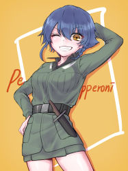 Rule 34 | 100zi, 1girl, ;), anzio military uniform, arm behind head, arm up, text background, belt, black belt, black hair, black shirt, braid, brown eyes, character name, commentary, cowboy shot, dress shirt, girls und panzer, grey jacket, grey skirt, grin, hand on own hip, highres, jacket, knife, long sleeves, looking at viewer, military, military uniform, miniskirt, one eye closed, orange background, pepperoni (girls und panzer), shadow, shirt, short hair, side braid, skirt, smile, solo, standing, uniform, wing collar