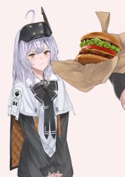 Rule 34 | 2girls, absurdres, ahoge, blush, burger, cheese, cloak, female pov, food, gloves, goddess of victory: nikke, head-mounted display, highres, holding, holding food, jacket, lettuce, long hair, long sleeves, looking at viewer, multiple girls, nagato tsumugu, pout, pov, pov hands, red hood (nikke), snow white (innocent days) (nikke), snow white (nikke), tomato, tomato slice, white cloak, white hair, yellow eyes