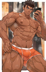 Rule 34 | 1boy, :o, abs, bara, bulge, dark-skinned male, dark skin, erection, erection under clothes, feet out of frame, gluteal fold, highres, holding, holding phone, large pectorals, long sideburns, male focus, male underwear, male underwear pull, muscular, muscular male, navel, navel hair, nikism, nipples, orange male underwear, original, pectorals, phone, pulling own clothes, short hair, sideburns, solo, spiked hair, stomach, sweat, textless version, thick eyebrows, thick thighs, thighs, topless male, underwear, underwear only