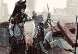 Rule 34 | 2girls, animal ear piercing, animal ears, arknights, belt, black coat, black hair, black shorts, capelet, coat, construction site, drum (container), fingerless gloves, food, food in mouth, gloves, hair ornament, highres, holding, holding food, holding pocky, holding sword, holding weapon, jacket, lappland (arknights), long hair, looking at another, multiple girls, mutomorokoshi, name tag, open clothes, open coat, pantyhose, pocky, pocky in mouth, rain, red belt, shorts, sword, texas (arknights), thigh strap, weapon, white hair, white jacket, wolf ears, wolf girl