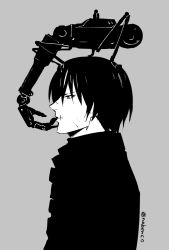 Rule 34 | 1boy, black hair, blame!, cibo, cyberpunk, disembodied hand, finger to mouth, greyscale, highres, killy, mechanical arms, monochrome, nabenko, on head, robot, single mechanical arm