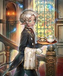 Rule 34 | 1boy, bug, butler, butterfly, cowboy shot, cup, cygames, dark-skinned male, dark skin, day, elf, gloves, green eyes, indoors, insect, light particles, long pointy ears, looking at viewer, male focus, official art, okada manabi, pointy ears, saucer, shadowverse, short hair, solo, stairs, standing, teacup, teapot, tray, vist (shadowverse), walking, white gloves, white hair, window