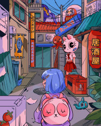 Rule 34 | 1girl, absurdres, backpack, bag, bandaid, bandaid on face, banner, blue hair, bomber jacket, box, building, cat mask, cloud, crate, door, from behind, hair ornament, hairclip, highres, jacket, lantern, leaf, mannequin, mask, original, outdoors, paper, paper lantern, plant, power lines, purple jacket, road, school uniform, shirt, short hair, sign, skirt, sky, solo, stephanie priscilla, street, tentacles, town, trash can, watering can, window
