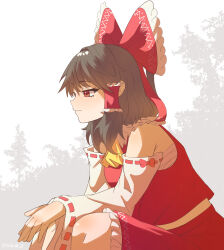 Rule 34 | 1girl, ascot, bow, brown hair, closed mouth, detached sleeves, frilled bow, frills, hair bow, hair tubes, hakurei reimu, highres, light smile, looking ahead, medium hair, mibukyt, profile, red bow, red skirt, ribbon-trimmed sleeves, ribbon trim, sarashi, sitting, skirt, solo, touhou, tree, wide sleeves