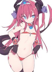 Rule 34 | 1girl, bikini, black thighhighs, blade (galaxist), blue eyes, blush, breasts, choker, closed mouth, commentary request, curled horns, dragon horns, dragon tail, elizabeth bathory (brave) (fate), elizabeth bathory (fate), fate/grand order, fate (series), hair between eyes, hair ribbon, head tilt, horns, long hair, looking at viewer, navel, pink hair, pointy ears, purple ribbon, red bikini, red choker, ribbon, simple background, small breasts, solo, swimsuit, tail, thighhighs, tiara, two side up, vambraces, very long hair, white background