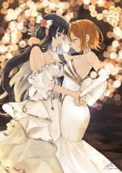 Rule 34 | 2girls, akiyama mio, arm around neck, back bow, bare shoulders, black eyes, black hair, blurry, bokeh, bow, breasts, bridal gauntlets, brown eyes, brown hair, cleavage, closed mouth, commentary, couple, depth of field, dress, earrings, elbow gloves, eye contact, fadingz, female focus, flower, gloves, hair bow, hair flower, hair ornament, highres, holding hands, jewelry, k-on!, light particles, long hair, looking at another, matching hair/eyes, medium breasts, multiple girls, off-shoulder dress, off shoulder, red flower, red rose, rose, short hair, signature, smile, strapless, strapless dress, tainaka ritsu, wedding dress, white bow, white dress, white gloves, wife and wife, yuri