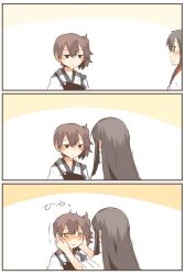 Rule 34 | 10s, 2girls, 3koma, akagi (kancolle), bad id, bad twitter id, blush, brown hair, colorized, comic, hands on another&#039;s face, kaga (kancolle), kantai collection, long hair, multiple girls, rebecca (keinelove), short hair, side ponytail, yellow eyes