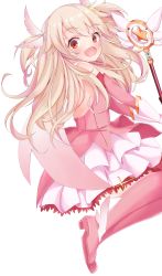 Rule 34 | 1girl, absurdres, blonde hair, blush, boots, breasts, fate/kaleid liner prisma illya, fate (series), feathers, gloves, hair between eyes, highres, illyasviel von einzbern, kaleidostick, long hair, looking at viewer, magical girl, magical ruby, open mouth, prisma illya, red eyes, rokita, skirt, smile, solo, white gloves