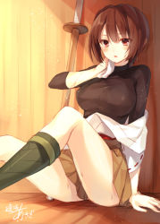 Rule 34 | 10s, 1girl, bokken, breasts, brown eyes, brown hair, hyuuga (kancolle), japanese clothes, kantai collection, large breasts, looking at viewer, one-hour drawing challenge, partially undressed, personification, pleated skirt, shinai, short hair, signature, skirt, solo, sweat, sword, toosaka asagi, weapon, wiping sweat, wooden sword