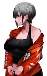 Rule 34 | 1girl, absurdres, black tank top, breasts, brown eyes, cleavage, coat, copyright request, grey hair, highres, large breasts, liberty manurung, long sleeves, print coat, profile, red coat, short hair, simple background, smile, solo, tank top, upper body, white background