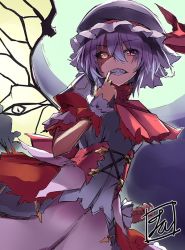 Rule 34 | 1girl, arm garter, ascot, black sclera, colored sclera, commentary request, cowboy shot, hair between eyes, hand up, hat, heterochromia, looking at viewer, mismatched sclera, mob cap, one-hour drawing challenge, remilia scarlet, sharp teeth, short hair, short sleeves, signature, silver hair, slit pupils, solo, teeth, tirotata, torn clothes, touhou