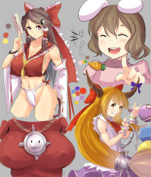 Rule 34 | 4girls, \m/, bad id, bad pixiv id, bare shoulders, beads, blonde hair, bow, breasts, brown eyes, brown hair, carrot, carrot necklace, cleavage, colorized, covered erect nipples, crop top, detached sleeves, female focus, fundoshi, grey background, greyscale, hair bow, hair tubes, hakurei reimu, horns, ibuki suika, inaba tewi, japanese clothes, jewelry, large breasts, laughing, long hair, magister, midriff, miko, monochrome, multiple girls, necklace, o &otilde;, ofuda, pendant, prayer beads, raised eyebrow, red eyes, shirt, sideboob, sidelocks, sketch, taut clothes, taut shirt, touhou, white background, yasaka kanako, yin yang