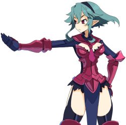 Rule 34 | 1girl, armor, barbara (disgaea), black thighhighs, breasts, disgaea, disgaea d2, frown, gloves, green hair, hairband, harada takehito, necktie, official art, outstretched hand, pelvic curtain, pointy ears, red armor, red eyes, sailor collar, short hair, sidelocks, skinny, solo, tabard, thigh strap, thighhighs, white background, wide hips