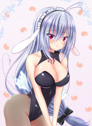 Rule 34 | 1girl, aneten, animal ears, bare shoulders, blue hair, blush, breasts, cleavage, demon tail, emil chronicle online, fake animal ears, fishnet pantyhose, fishnets, hair ribbon, hairband, large breasts, leaning forward, long hair, looking at viewer, pantyhose, playboy bunny, rabbit ears, red eyes, ribbon, smile, solo, tail, very long hair