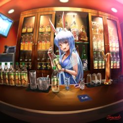 Rule 34 | 1girl, abazu-red, animal ear fluff, animal ears, bar (place), barmaid, blue dress, blue hair, blue nails, blue shawl, blurry, blurry foreground, bottle, commentary, cup, depth of field, dress, drinking glass, hair down, highres, holding, holding bottle, hololive, ice, indoors, jewelry, lighter, long hair, looking at viewer, maneki-neko, nail polish, open mouth, rabbit-shaped pupils, rabbit ears, rabbit girl, rabbit tail, red eyes, ring, sake bottle, shawl, sleeveless, sleeveless dress, smile, solo, standing, symbol-shaped pupils, tail, television, usada pekora, virtual youtuber, watch, wristwatch