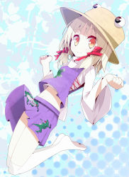 Rule 34 | 1girl, bad id, bad pixiv id, blonde hair, clenched hands, dress, female focus, forearms at chest, hat, highres, jumping, looking at viewer, midriff, moriya suwako, oouso, over-kneehighs, purple dress, purple skirt, red eyes, revision, skirt, smile, solo, thighhighs, touhou, white thighhighs