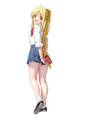 Rule 34 | 1girl, :d, absurdres, arms behind back, black footwear, blonde hair, blue skirt, bocchi the rock!, bow, bright pupils, can, chinese commentary, coca-cola, collared shirt, commentary, from behind, full body, hair between eyes, happy, highres, holding, holding can, ijichi nijika, liwen520, long hair, long sleeves, looking at viewer, looking back, miniskirt, open mouth, pleated skirt, red bow, red eyes, round teeth, school uniform, shirt, shoes, side ponytail, sidelocks, simple background, skirt, sleeves rolled up, smile, socks, solo, standing, straight hair, tareme, teeth, upper teeth only, very long hair, white background, white shirt, white socks
