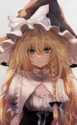 Rule 34 | + +, 1girl, big hair, black bow, black hat, blonde hair, blue eyes, blush, bow, braid, capelet, cleavage cutout, closed mouth, clothing cutout, corset, curiosities of lotus asia, furrowed brow, grey background, hair between eyes, hair bow, hat, hat bow, highres, kirisame marisa, long hair, looking at viewer, maho moco, puffy short sleeves, puffy sleeves, short sleeves, side braid, sidelocks, simple background, single braid, solo, symbol-shaped pupils, touhou, upper body, white bow, white capelet, witch hat