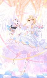 Rule 34 | 2girls, :d, absurdres, alternate costume, angel wings, black scarf, blonde hair, bouquet, checkered floor, choker, clothes lift, commentary, crown, detached sleeves, dress, dress lift, english commentary, feathered wings, feathers, fingerless gloves, floating, flower, frilled dress, frilled sleeves, frills, full body, genshin impact, gloves, hair between eyes, hair flower, hair ornament, halo, high heels, highres, holding, holding bouquet, indoors, jewelry, lifting own clothes, looking at another, lumine (genshin impact), mechanical halo, multiple girls, open mouth, paimon (genshin impact), purple eyes, ring, scarf, short hair, short hair with long locks, short sleeves, sidelocks, smile, standing, standing on one leg, thighlet, viclim-monou, wedding dress, wedding ring, white dress, white feathers, white gloves, white hair, white wings, window, wings, yellow eyes