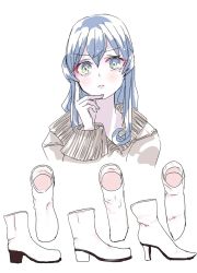Rule 34 | 1girl, blue eyes, blue hair, boots, brown coat, coat, gotland (kancolle), hand on own chin, high heel boots, high heels, kantai collection, long hair, looking at viewer, mole, mole under eye, official alternate costume, sidelocks, simple background, solo, thinking, upper body, uroko (kuroko), white background, white footwear