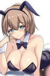 Rule 34 | 1girl, animal ears, black bow, black bowtie, black leotard, blue eyes, blush, bow, bowtie, breasts, brown hair, brown pantyhose, covered navel, cowboy shot, detached collar, fake animal ears, fake tail, hair between eyes, high side ponytail, highres, intrepid (kancolle), kantai collection, large breasts, leotard, long hair, looking at viewer, montemasa, pantyhose, playboy bunny, ponytail, rabbit ears, rabbit tail, short hair, simple background, smile, solo, strapless, strapless leotard, tail, traditional bowtie, white background, wrist cuffs
